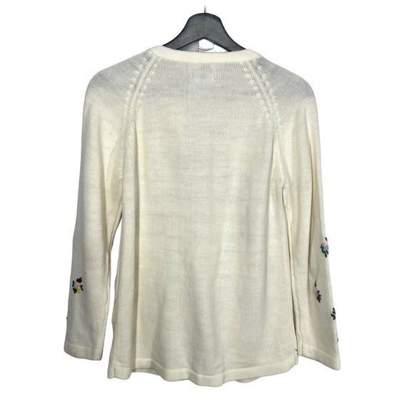 Vintage 60s Off White Floral Embroidered Knit Button Up Cardigan Medium - Picture 2 of 6